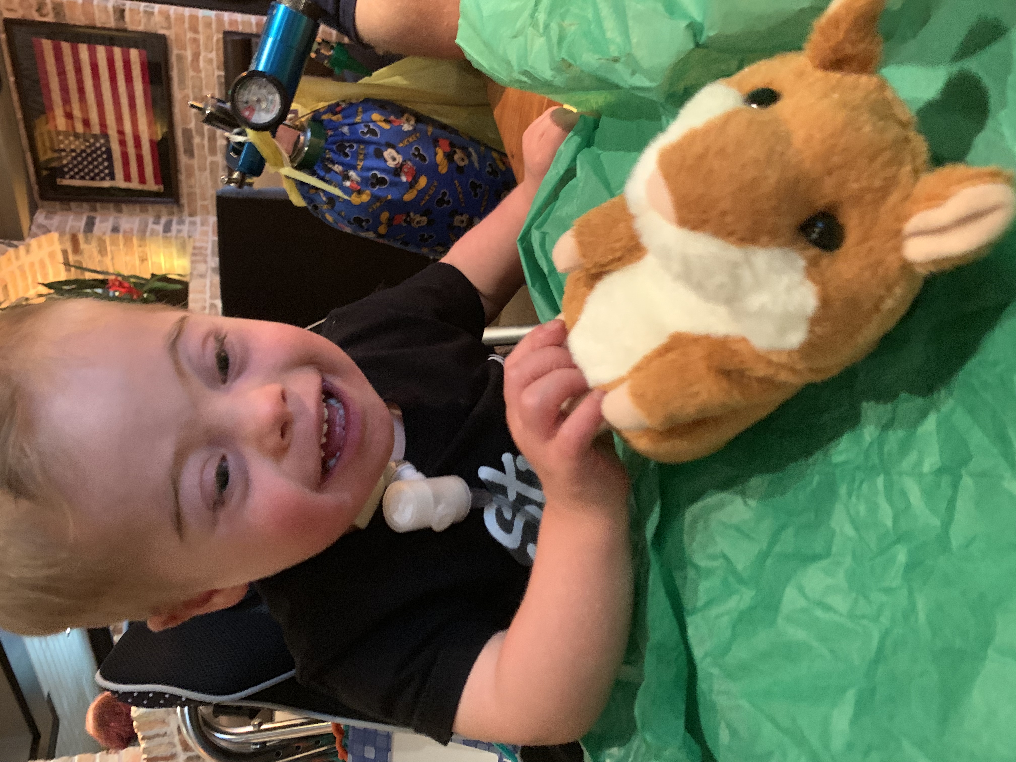 Boy with Down syndrome and trach smiling at new gift of a hampster stuffed animal