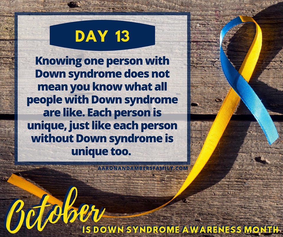 People are unique down syndrome awareness month 

knowing one person with down syndrome does not mean you know what all people with down syndrome are like. each person is unique, just like each person without down syndrome is unique too