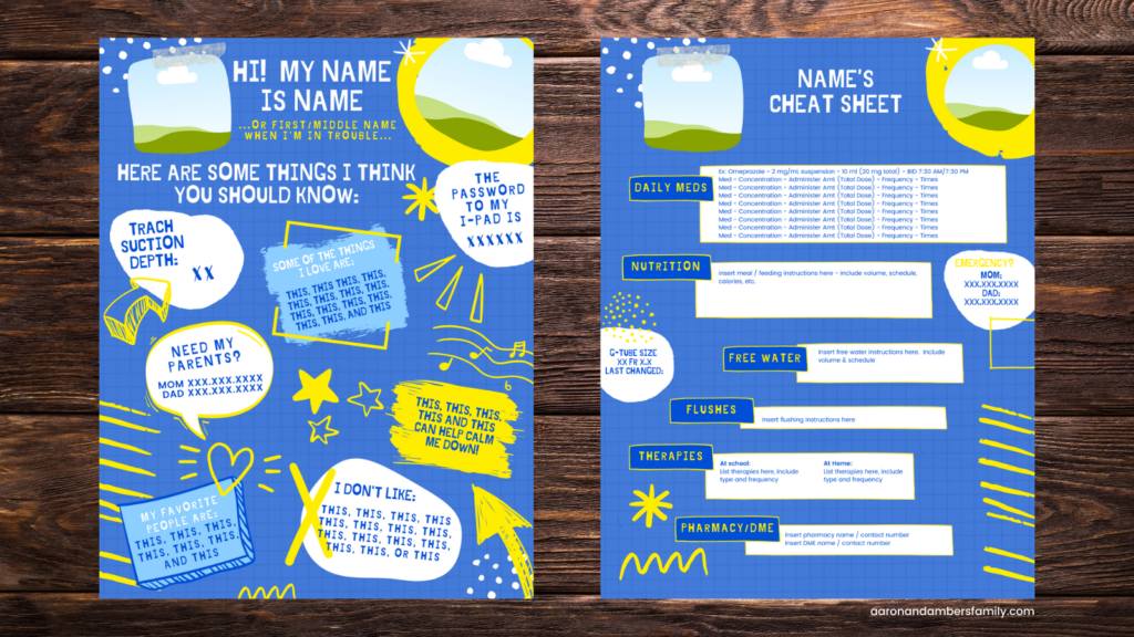 Hospital About Me Sign template showing trach suction depth, likes and dislikes, ipad password, parent contact info, favorite people, and Cheat Sheet that shows daily meds, nutrition, water, flushes, therapy and pharmacy/dme contact.  Signs are blue, yellow and white with a whimsical style and pictured on a dark wood background